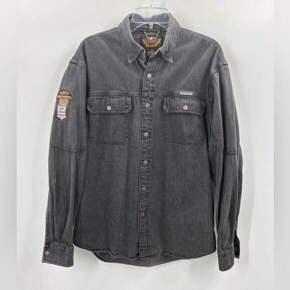 Harley Davidson Black Grey Long Sleeved Denim Logo Patch Shirt Snaps L Large - Picture 1 of 8